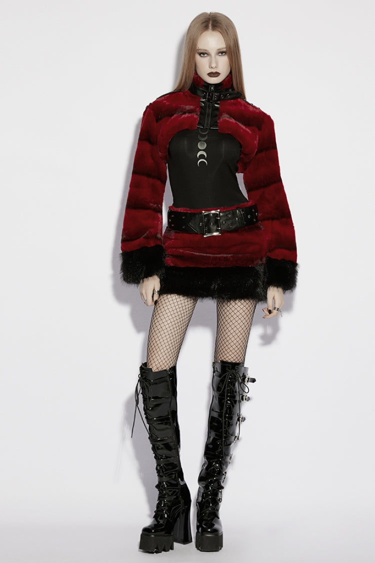 Red Stand Collar Long Sleeves Buckle Straps Faux Fur Punk Short Cloak