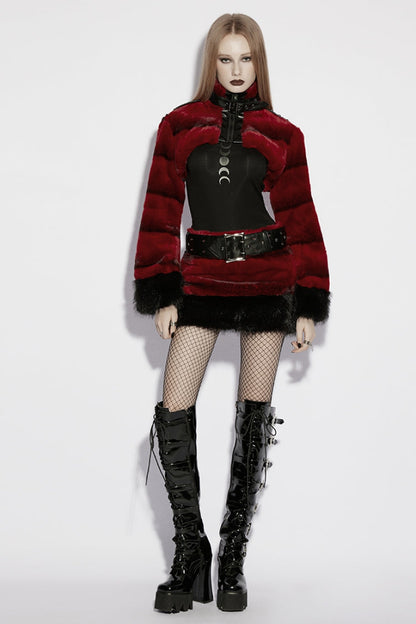 Red Stand Collar Long Sleeves Buckle Straps Faux Fur Punk Short Cloak