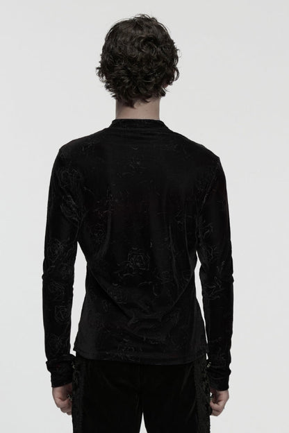 Black Stand Collar Long Sleeves Rose Embossed Lace-up Zippered Gothic Top