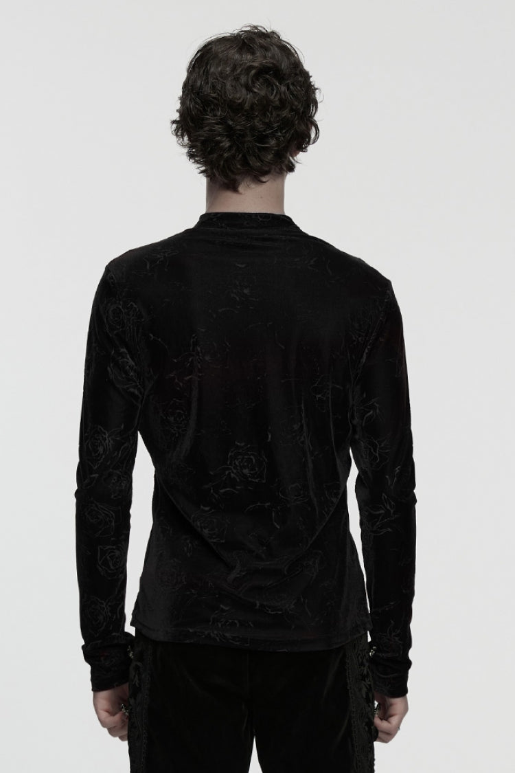 Black Stand Collar Long Sleeves Rose Embossed Lace-up Zippered Gothic Top