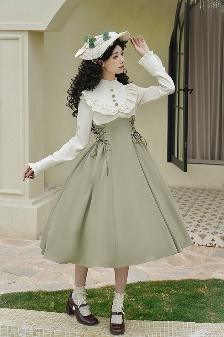 White/green [wind Garden] Stand Collar Ruffle Lace-up Color Matching Fake Two Pieces Classic Lolita Dress