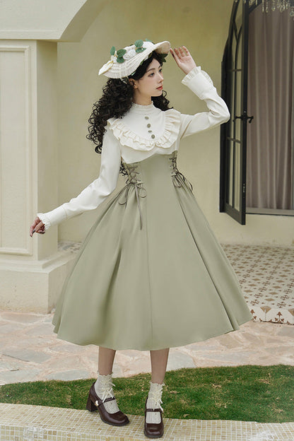 White/green [wind Garden] Stand Collar Ruffle Lace-up Color Matching Fake Two Pieces Classic Lolita Dress