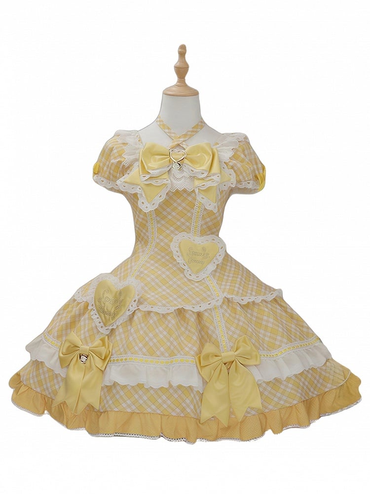 [pre-order Deadline: May 10] Blue/yellow/pink Sweetheart Lolita Ribbon Puff Sleeve Tiered Dress + Bunny Ear Full Set + Cat Ear Full Set