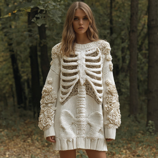 Women's Vintage Skull Rose Comfortable Elegant Sweater Dress elevenforest