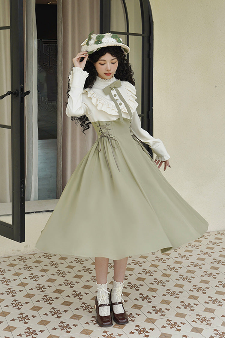 White/green [wind Garden] Stand Collar Ruffle Lace-up Color Matching Fake Two Pieces Classic Lolita Dress