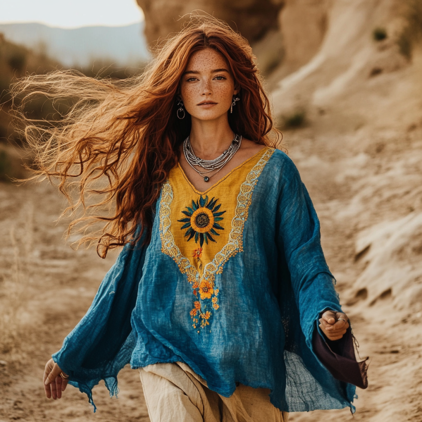 Boho Sunflower Embroidery Print Cotton And Linen Blend Loose Blouse elevenforest