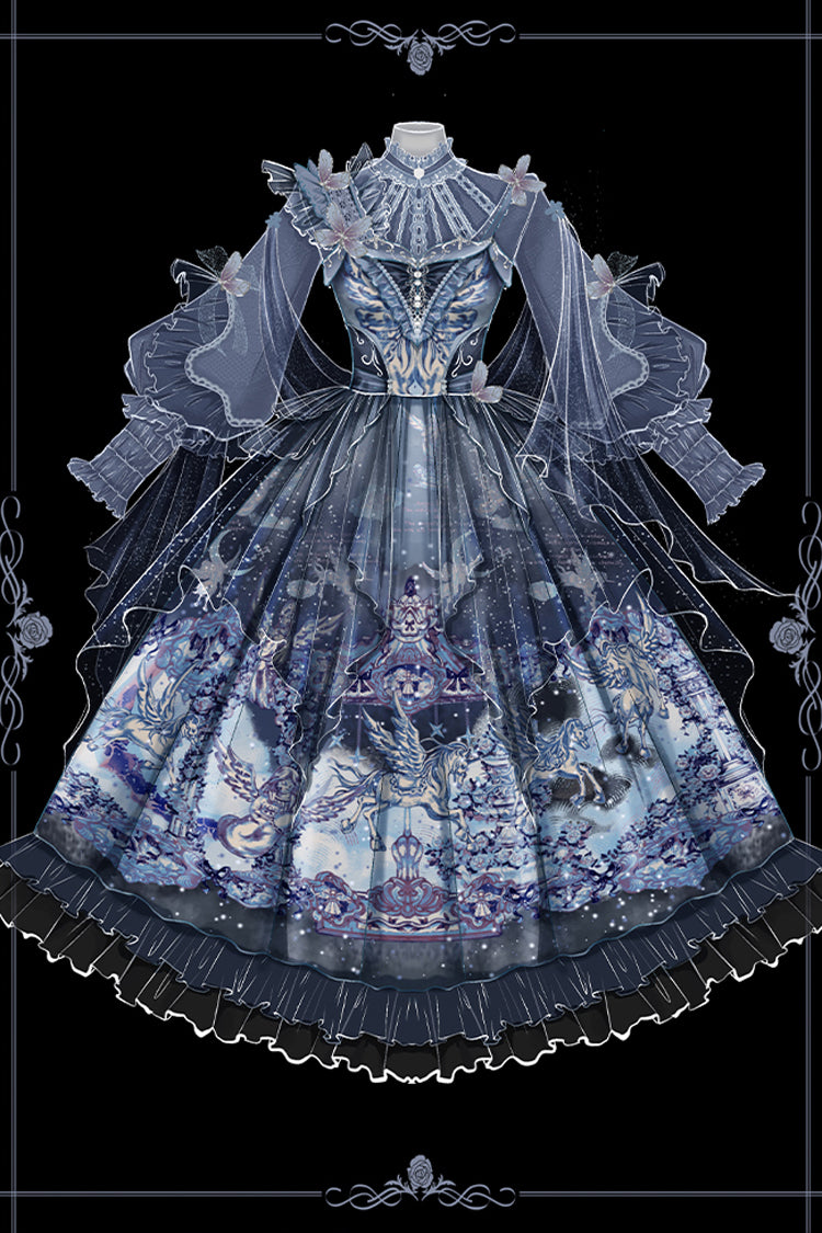 Blue [angel Garden] Print Ruffle Bowknot Asymmetric Classic Lolita Jsk Dress