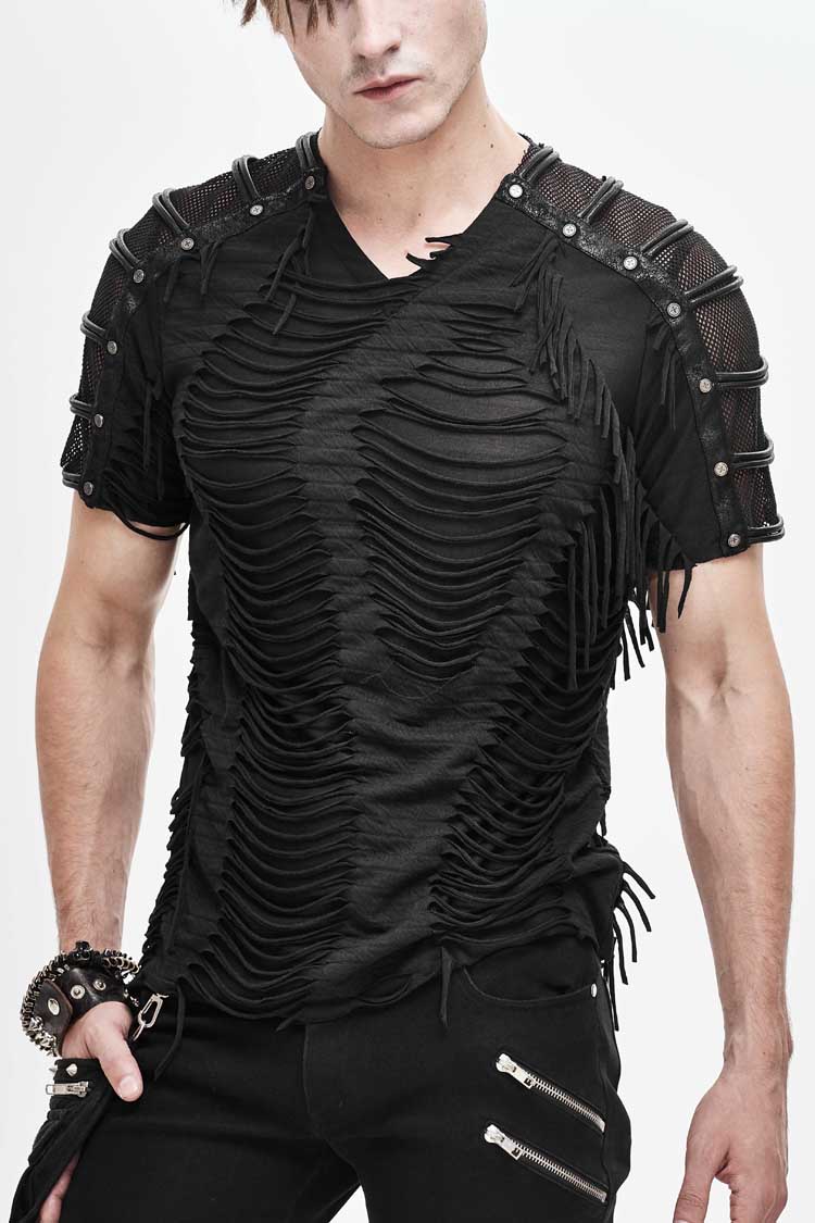 Black Tattered Striped Shoulder Splice Mesh Short Sleeve Punk T-shirt