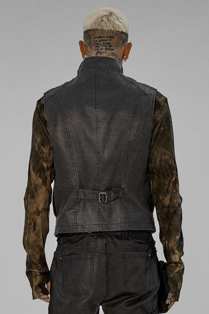 Twill Metal Skeleton Claw Zip Stand Collar Sleeveless Steampunk Vest 2 Colors