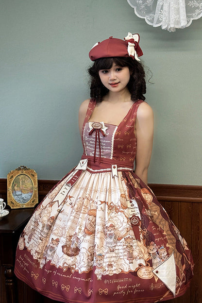 Wine Red [fox Band] Print Square Collar Bowknot Classic Lolita Jumper Dress