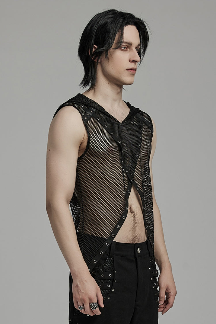 Black Sleeveless Irregular Hooded Mesh Eyelet Punk Vest