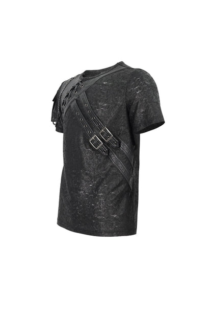 Black Print Buckle Splice Faux Leather Punk T-shirt