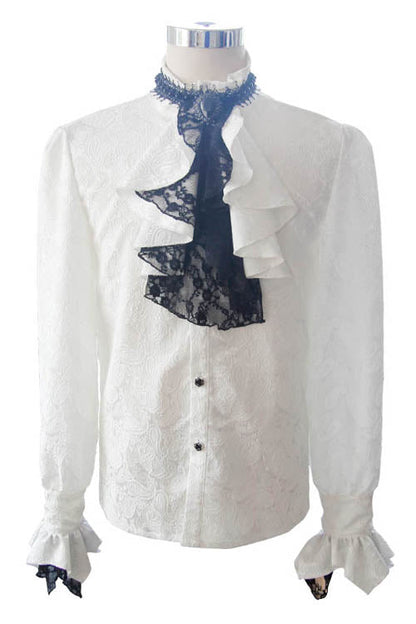 White Shining Rose Print Lace Cuff Gothic Blouse