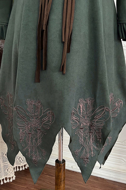 Dark Green Stand Collar Long Sleeves Ruffle Embroidery Classic Lolita Dress Set