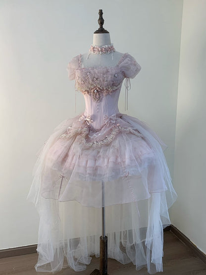 [pre-order Deadline: May 13] Pink Ballet Lolita Lace Ribbon Bustier Corset Top + Pull-up Tulle Tiered Skirt Set + Back Ribbon Train