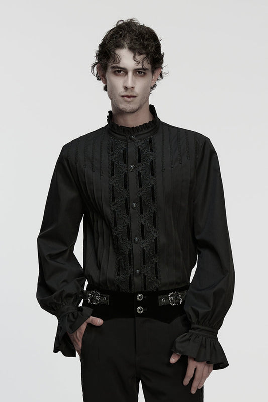 Black Stand Collar Long Sleeves Ruffle Embroidery Pleated Gothic Blouse
