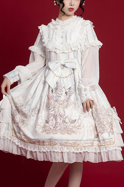 Round Collar Ruffled Long Sleeves Reunion World Print Classic Lolita Op Dress