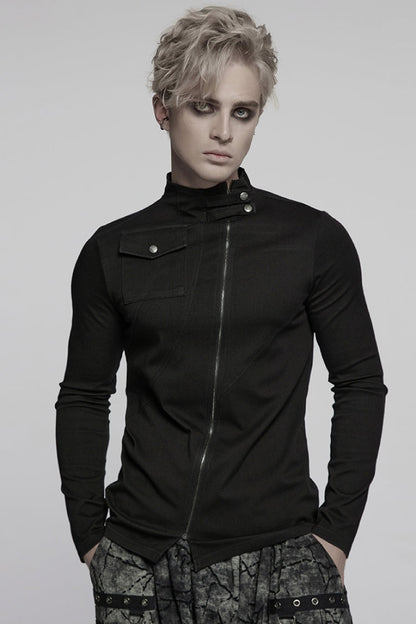 Black Stand Collar Long Sleeves Asymmetric Zipper Punk Blouse