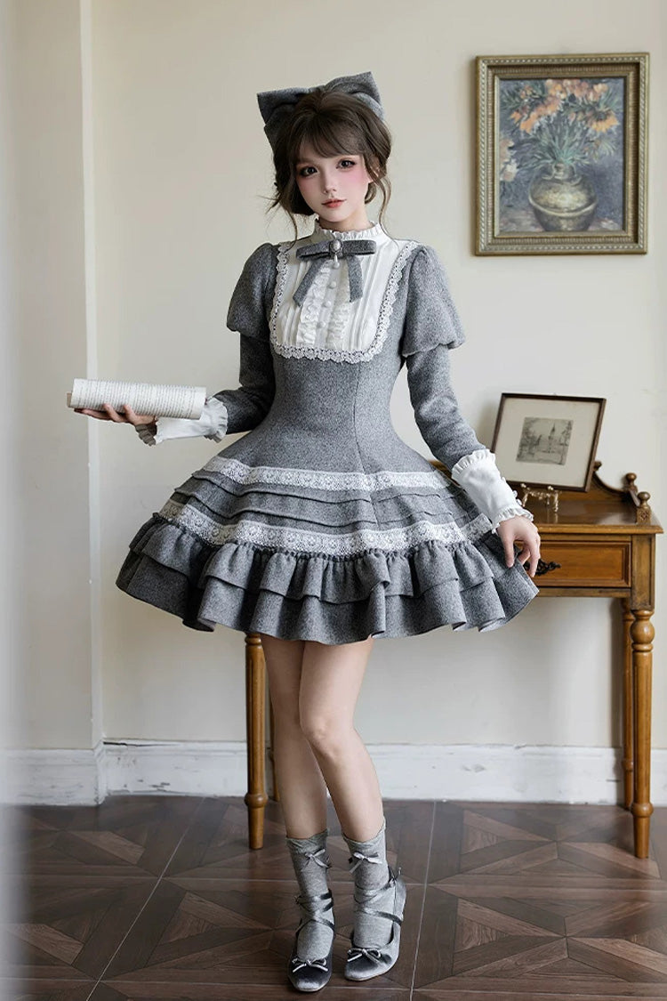 Grey [letters and Poems · Old Memories] Stand Collar Long Sleeves Double-layered Ruffled Bow Classic Lolita Dress 2 Versions
