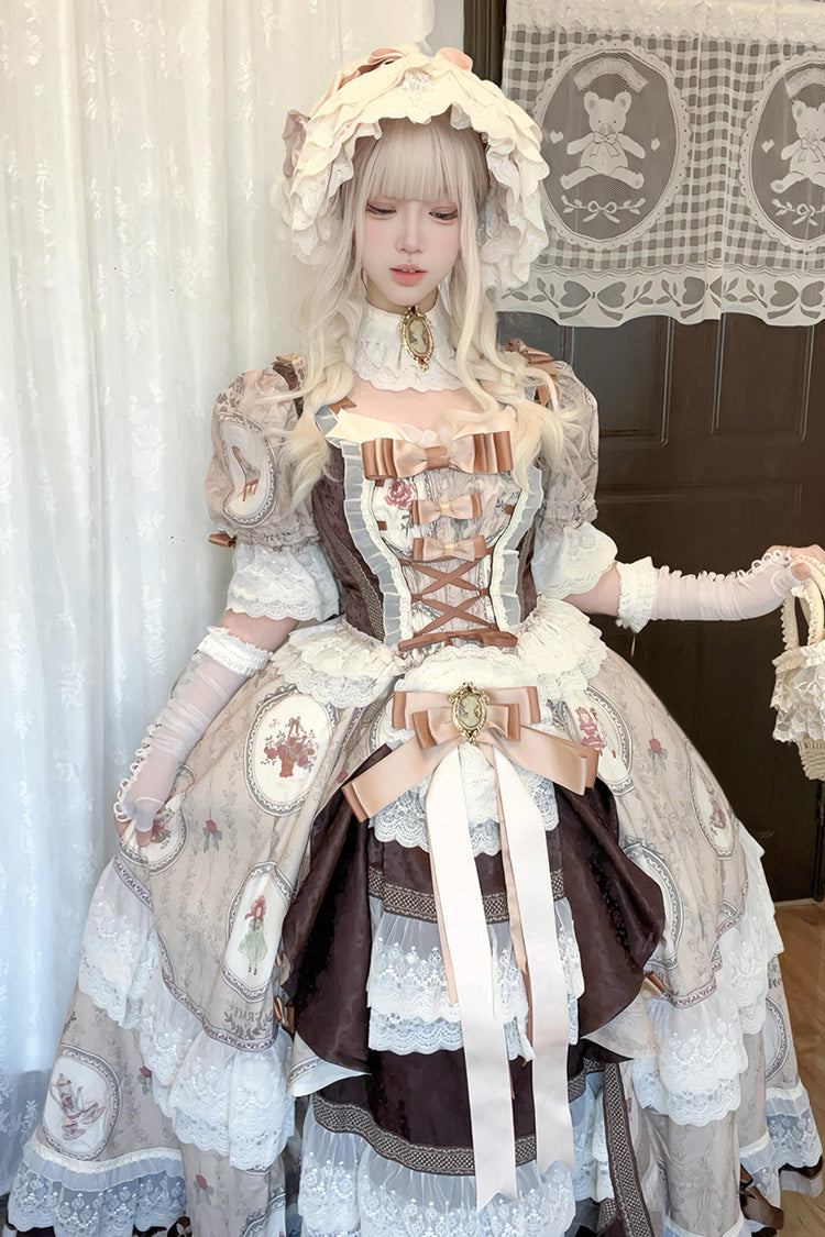 Brown [baker Street Tea Party] Short Sleeves High Waisted Print Ruffle Embroidery Cardigan Bowknot Lace-up Classic Princess Lolita Dress