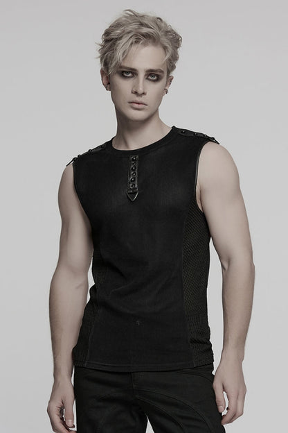 Black Round Collar Sheer Mesh Color Matching Rivet Punk Vest