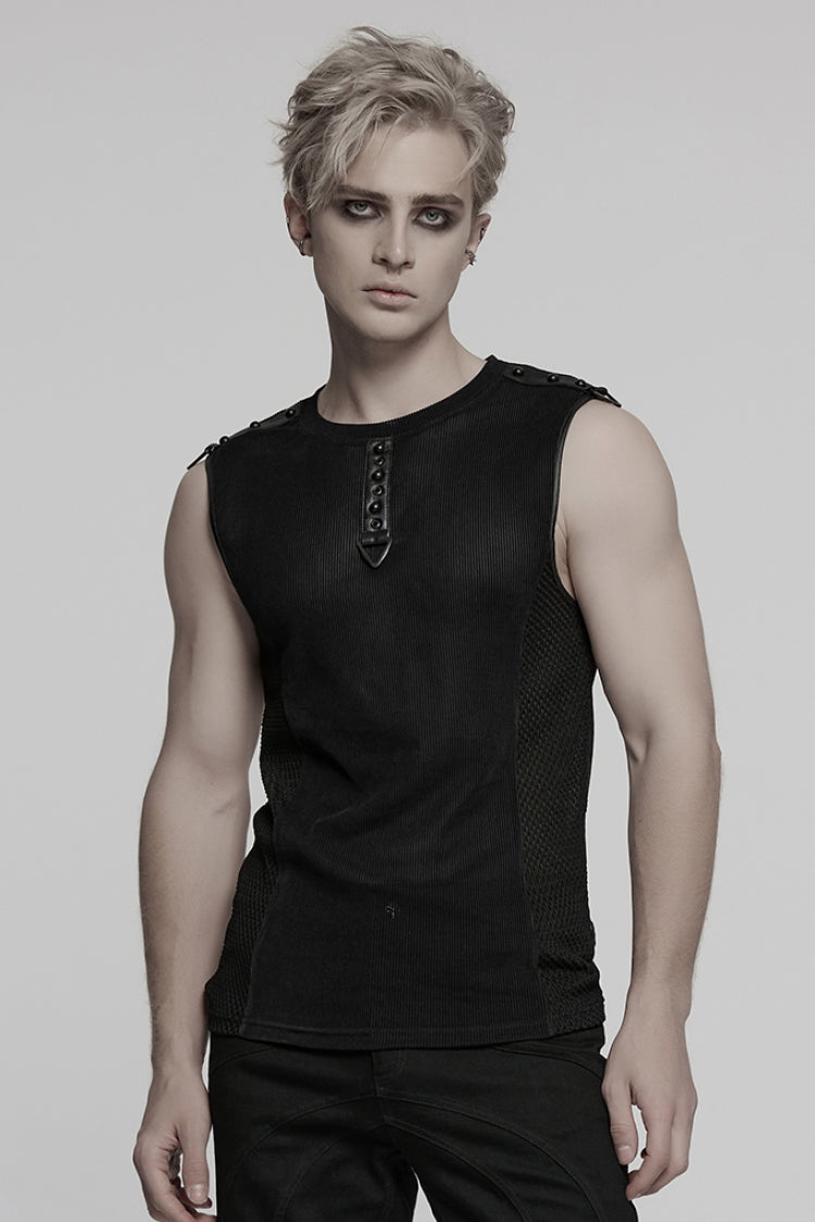 Black Round Collar Sheer Mesh Color Matching Rivet Punk Vest
