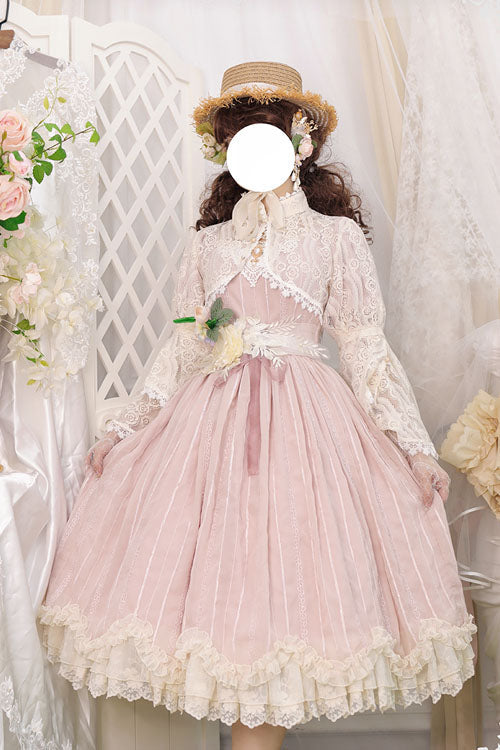 Pink Square Collar Short Sleeves Multi-layer Ruffled Classic Lolita Op Dress