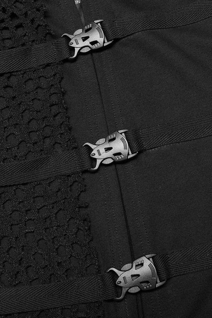 Black Lapel Collar Stitching Irregular Hem Webbing Buckle Steampunk Vest