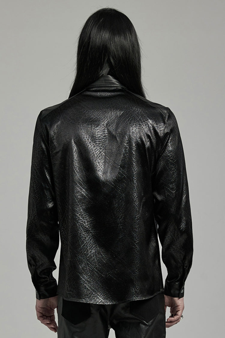 Black Lapel Collar Long Sleeves Faux Leather Gothic Blouse