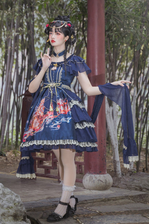 Round Collar Ruffled Short Sleeves Print High Waist Classic Lolita Dress