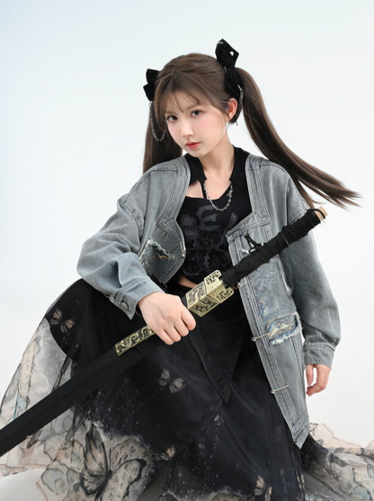Chinese-style Design Polo Denim Jacket + Jacket + Short Jacket + Denim Skirt