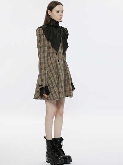 Pointed Ruffle Collar French Plaid Dress