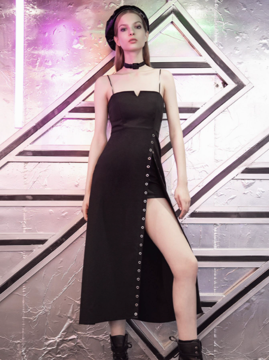 Eyelets Slit Black Slip Dress