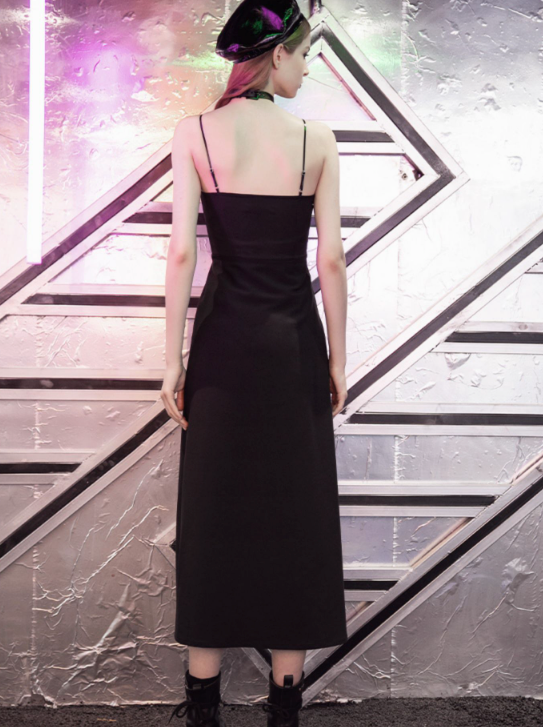 Eyelets Slit Black Slip Dress
