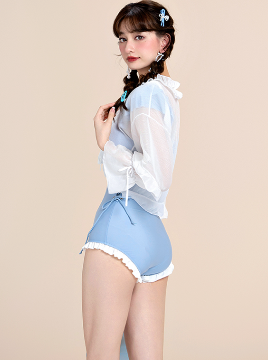 French Blue Ruffle Ribbon All in Swimsuit