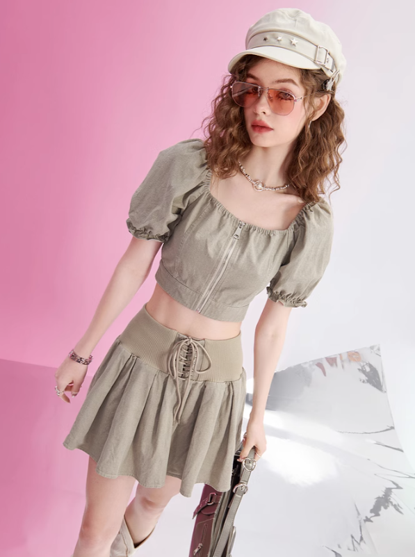Puff Sleeve Top + Lace Up Skirt Set