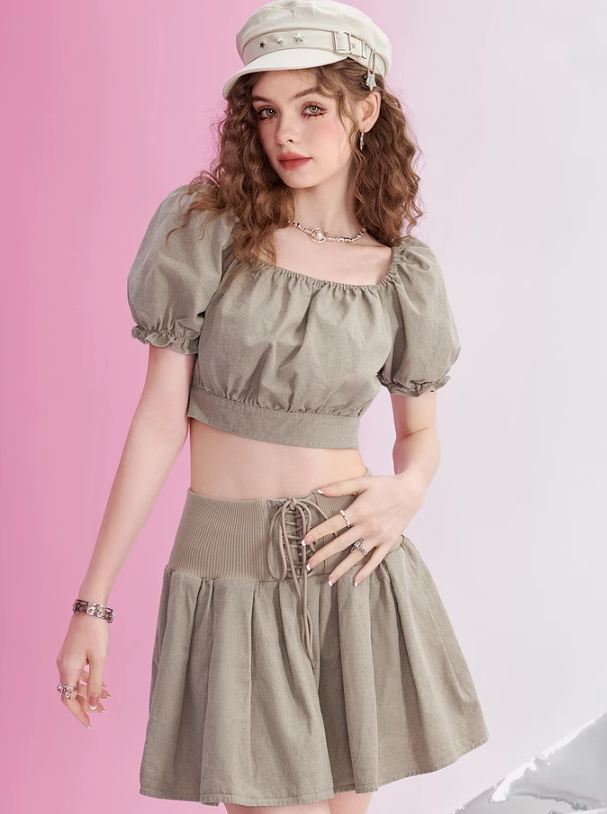 Puff Sleeve Top + Lace Up Skirt Set