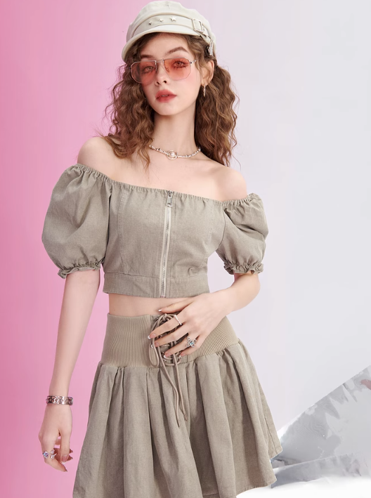 Puff Sleeve Top + Lace Up Skirt Set