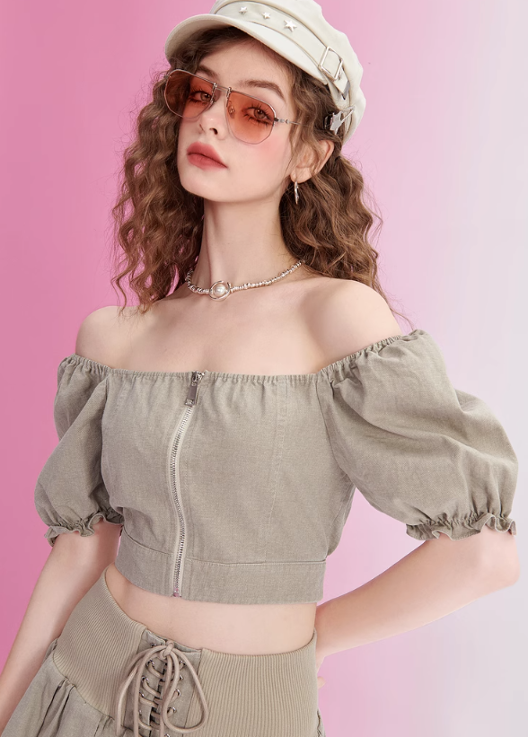 Puff Sleeve Top + Lace Up Skirt Set