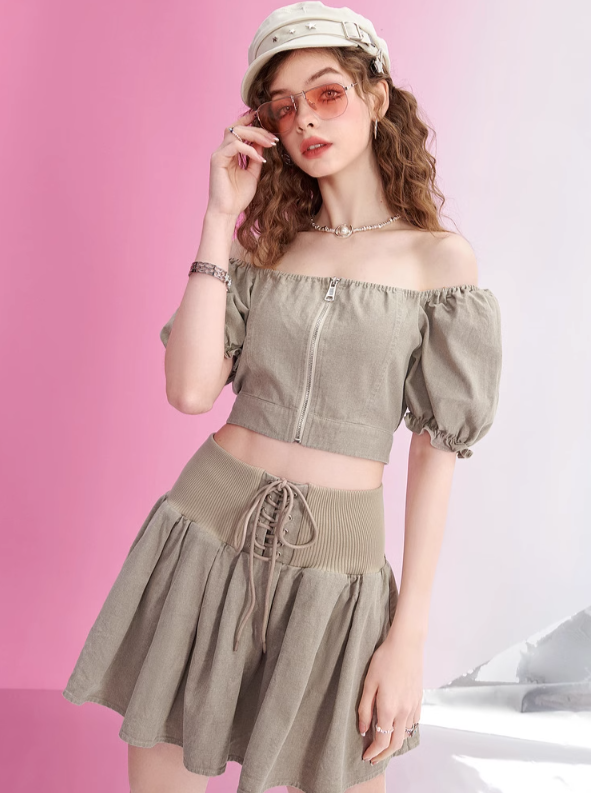 Puff Sleeve Top + Lace Up Skirt Set