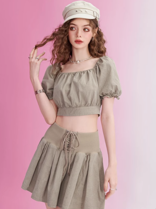 Puff Sleeve Top + Lace Up Skirt Set
