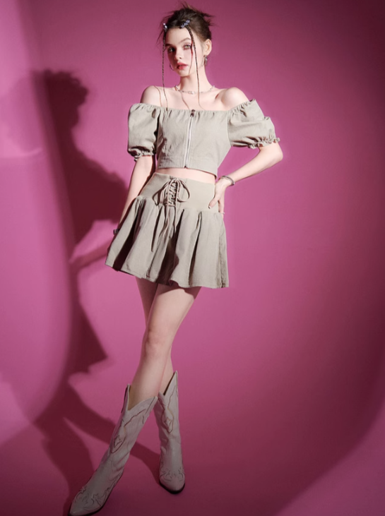 Puff Sleeve Top + Lace Up Skirt Set