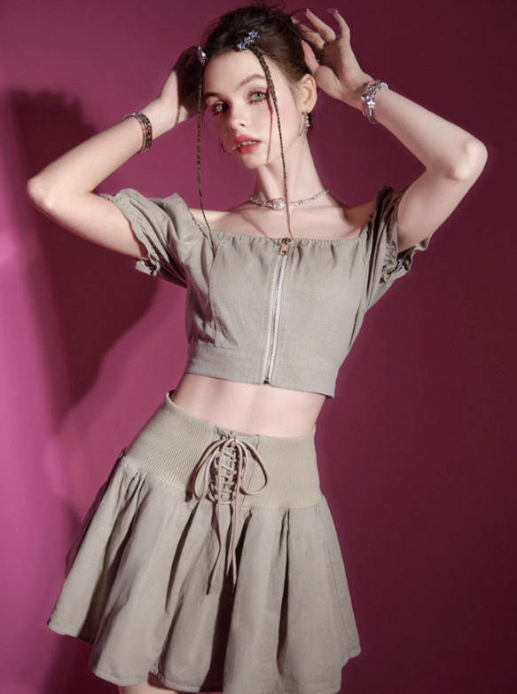 Puff Sleeve Top + Lace Up Skirt Set