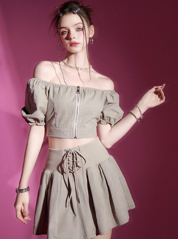 Puff Sleeve Top + Lace Up Skirt Set