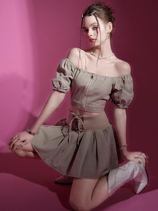 Puff Sleeve Top + Lace Up Skirt Set