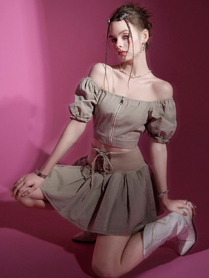 Puff Sleeve Top + Lace Up Skirt Set