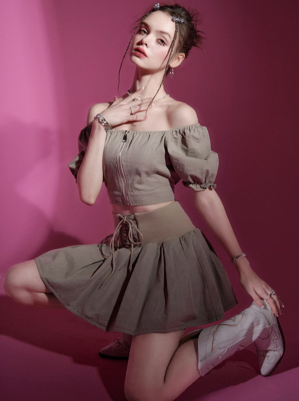 Puff Sleeve Top + Lace Up Skirt Set