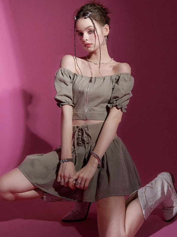 Puff Sleeve Top + Lace Up Skirt Set