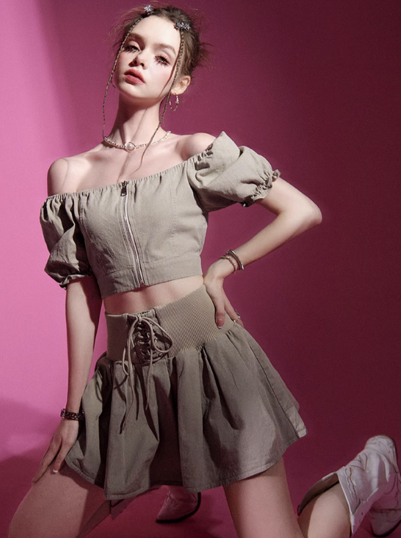 Puff Sleeve Top + Lace Up Skirt Set