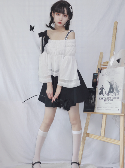 Off Shoulder Logo & Bow Gathered Top + Logo Lace Up Skirt